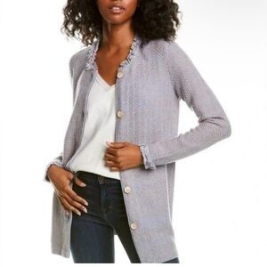 J. McLaughlin Blue Tweed Textured Classy Fringe Hem Blazer Jacket Cardigan Sz M